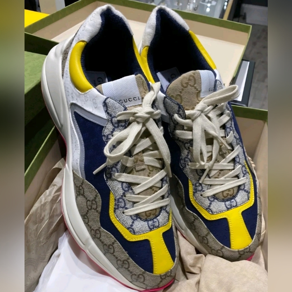 GUCCI Rhyton Supreme GG Sneakers Beige/ Yellow/Blue US Men's Size 11